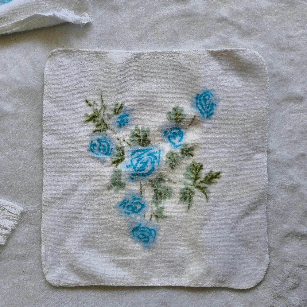 7 Vtg Martex Terri-Down Towel Set West Point Pepperell Blue Floral Fringe MCM
